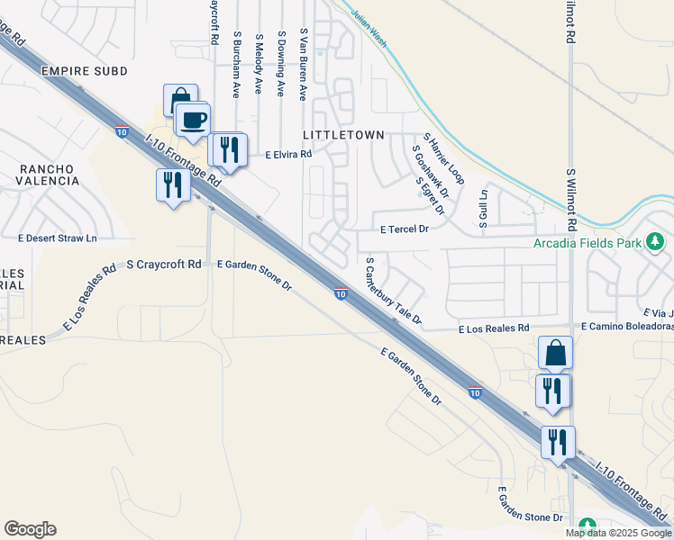 map of restaurants, bars, coffee shops, grocery stores, and more near 7163 South Vuelta Silueta in Tucson