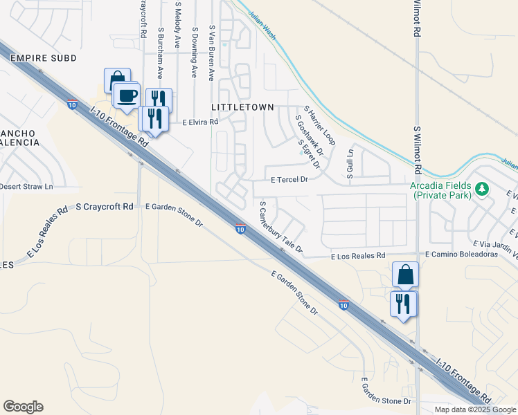 map of restaurants, bars, coffee shops, grocery stores, and more near 7150 South Canterbury Tale Drive in Tucson