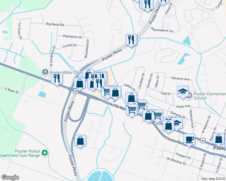 map of restaurants, bars, coffee shops, grocery stores, and more near 126 Houston Street in Pooler