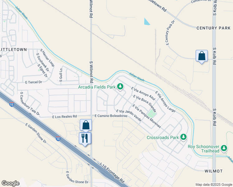 map of restaurants, bars, coffee shops, grocery stores, and more near 6420 East Via Jardin Verde in Tucson
