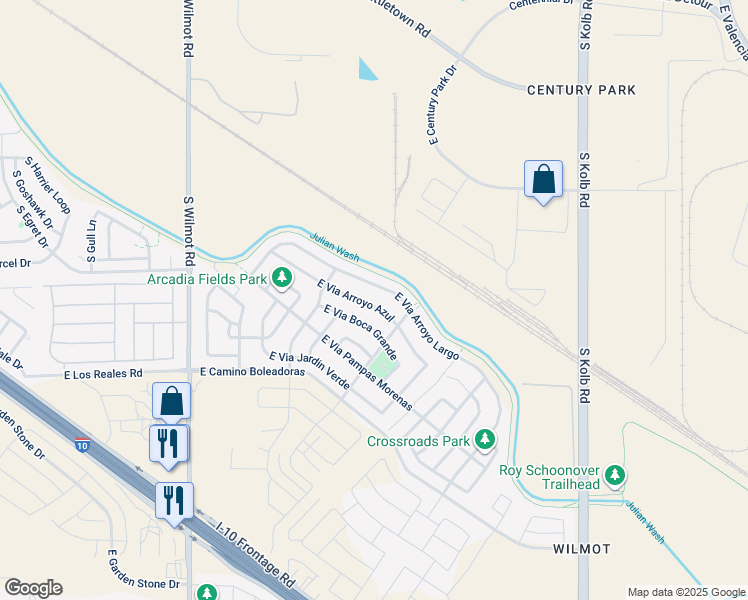 map of restaurants, bars, coffee shops, grocery stores, and more near 6685 East Via Arroyo Azul in Tucson