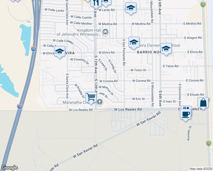 map of restaurants, bars, coffee shops, grocery stores, and more near 482 West Marcus Drive in Tucson