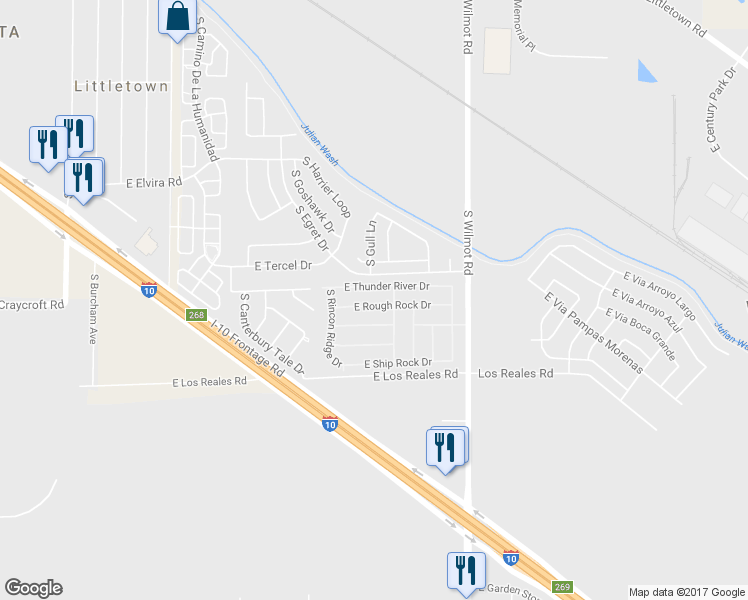 map of restaurants, bars, coffee shops, grocery stores, and more near 6119 East Rough Rock Drive in Tucson