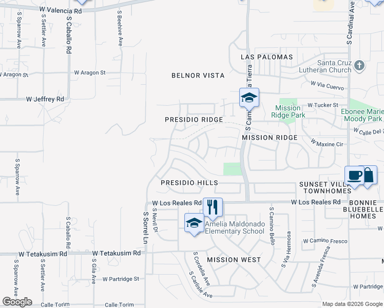 map of restaurants, bars, coffee shops, grocery stores, and more near 3581 West Avenida Vera Cruz in Tucson