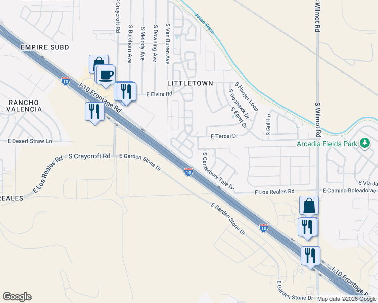 map of restaurants, bars, coffee shops, grocery stores, and more near 7163 South Vuelta Silueta in Tucson