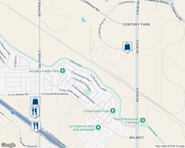 map of restaurants, bars, coffee shops, grocery stores, and more near 6731 East Via Arroyo Largo in Tucson