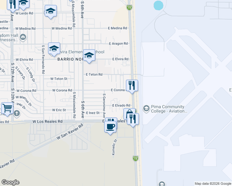 map of restaurants, bars, coffee shops, grocery stores, and more near 330 East Corona Road in Tucson