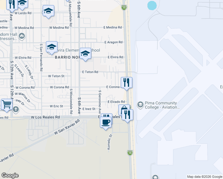 map of restaurants, bars, coffee shops, grocery stores, and more near 402 East Corona Road in Tucson