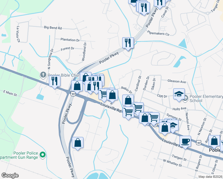 map of restaurants, bars, coffee shops, grocery stores, and more near 126 Houston Street in Pooler