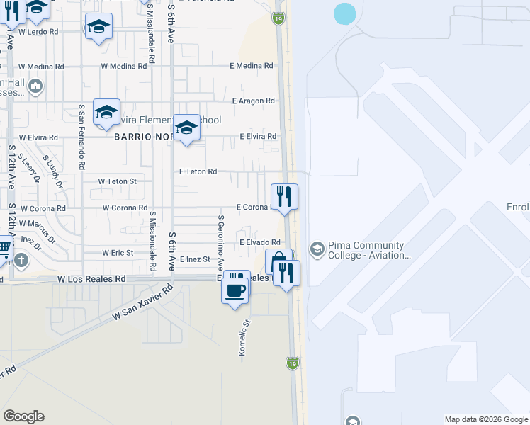 map of restaurants, bars, coffee shops, grocery stores, and more near 402 East Corona Road in Tucson