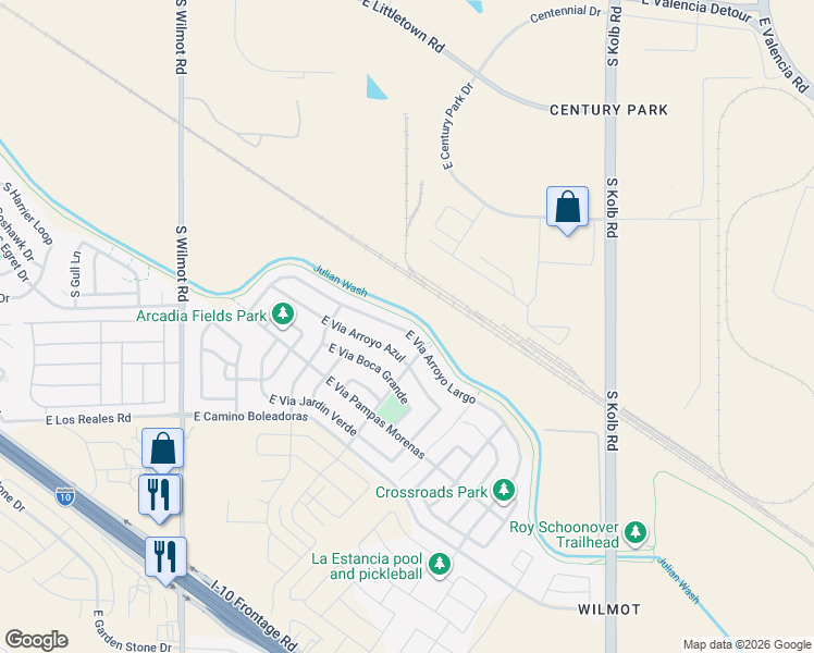 map of restaurants, bars, coffee shops, grocery stores, and more near 6731 East Via Arroyo Largo in Tucson