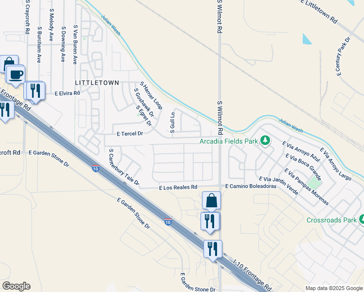 map of restaurants, bars, coffee shops, grocery stores, and more near 6119 East Rough Rock Drive in Tucson
