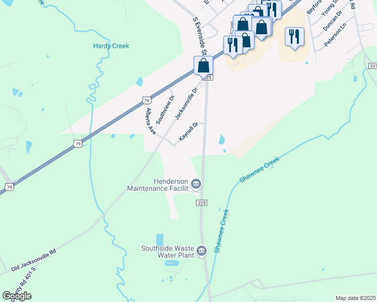 map of restaurants, bars, coffee shops, grocery stores, and more near 2488-3498 Farm to Market 225 in Henderson