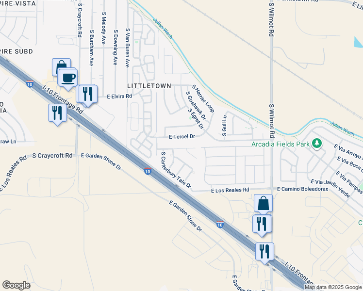 map of restaurants, bars, coffee shops, grocery stores, and more near 5927 East Chaucers Drive in Tucson