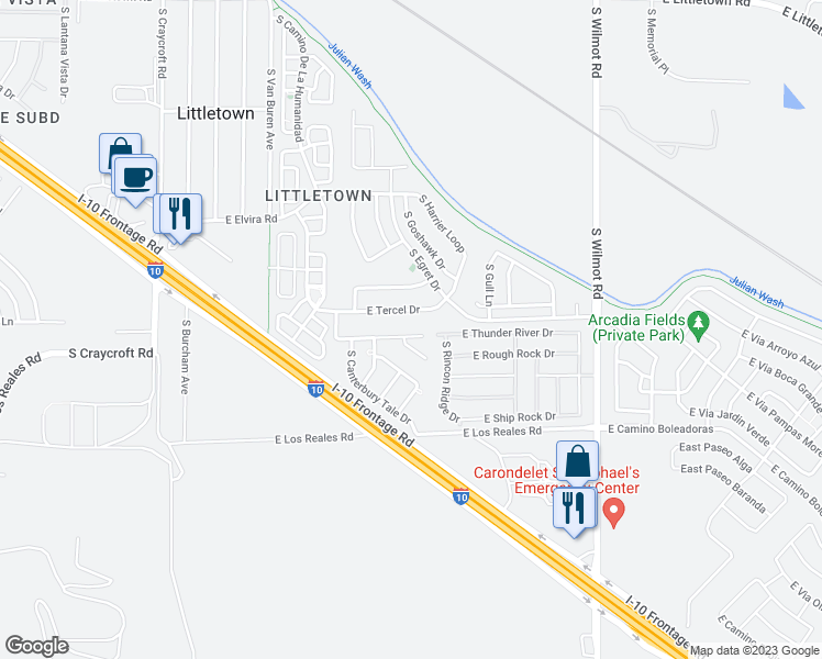 map of restaurants, bars, coffee shops, grocery stores, and more near 5961 East Chaucers Drive in Tucson