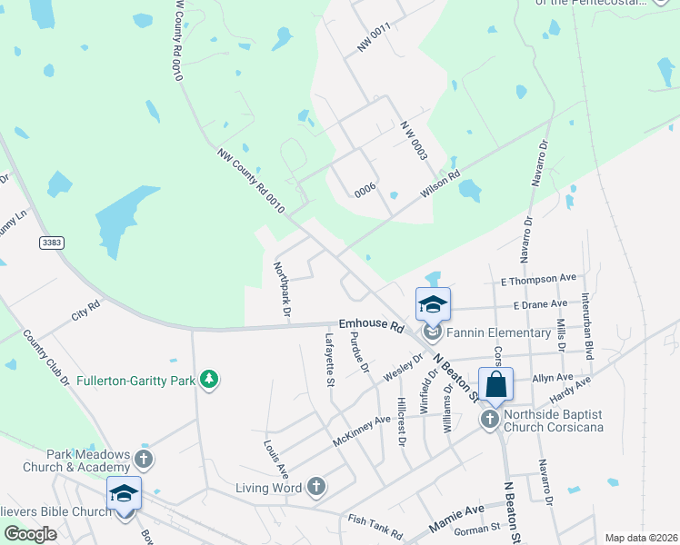 map of restaurants, bars, coffee shops, grocery stores, and more near 3515 Kings Circle in Corsicana