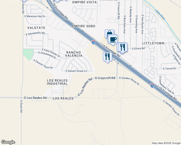 map of restaurants, bars, coffee shops, grocery stores, and more near 5264 East Desert Straw Lane in Tucson