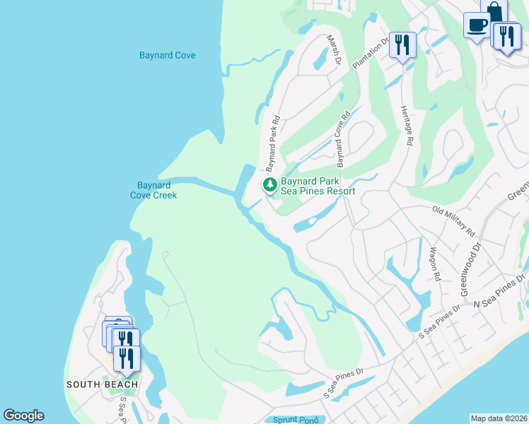 map of restaurants, bars, coffee shops, grocery stores, and more near 28 Baynard Park Road in Hilton Head Island