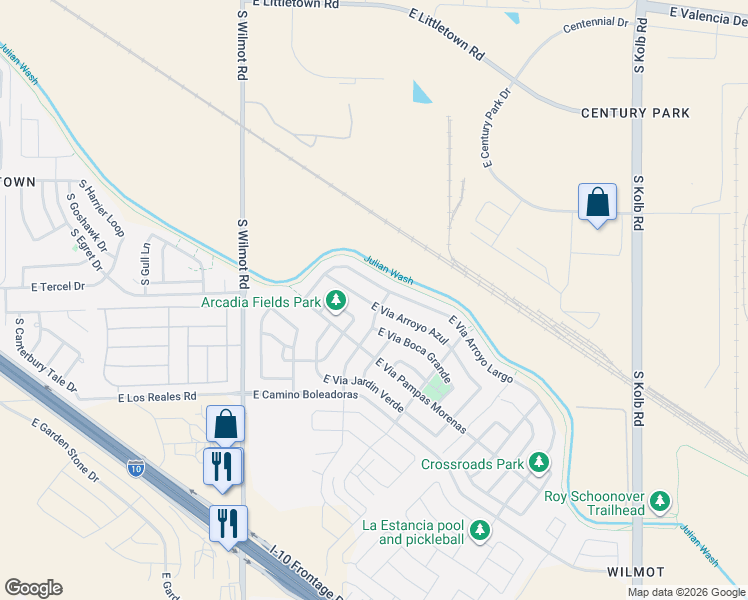 map of restaurants, bars, coffee shops, grocery stores, and more near 6591 East Via Arroyo Azul in Tucson