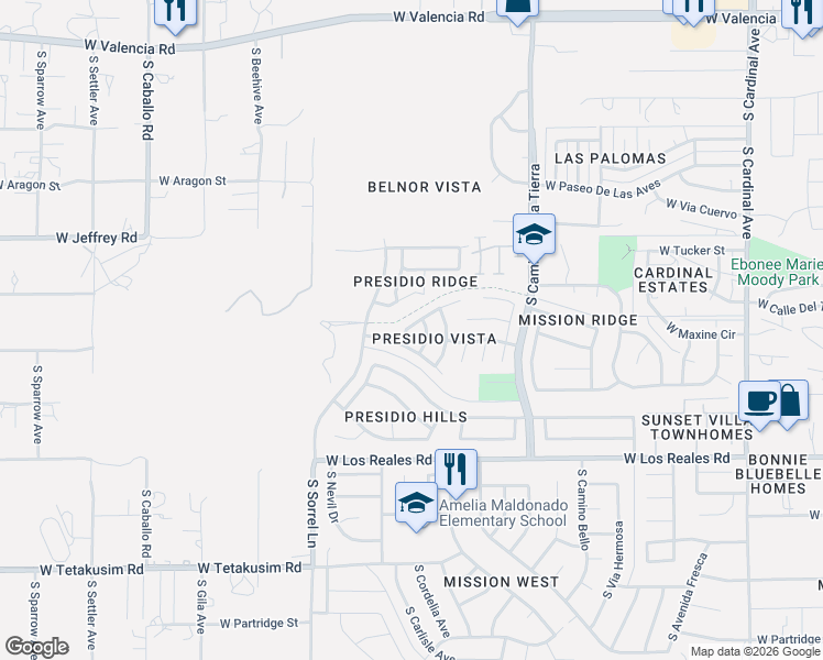 map of restaurants, bars, coffee shops, grocery stores, and more near 3580 West Avenida Sombra in Tucson