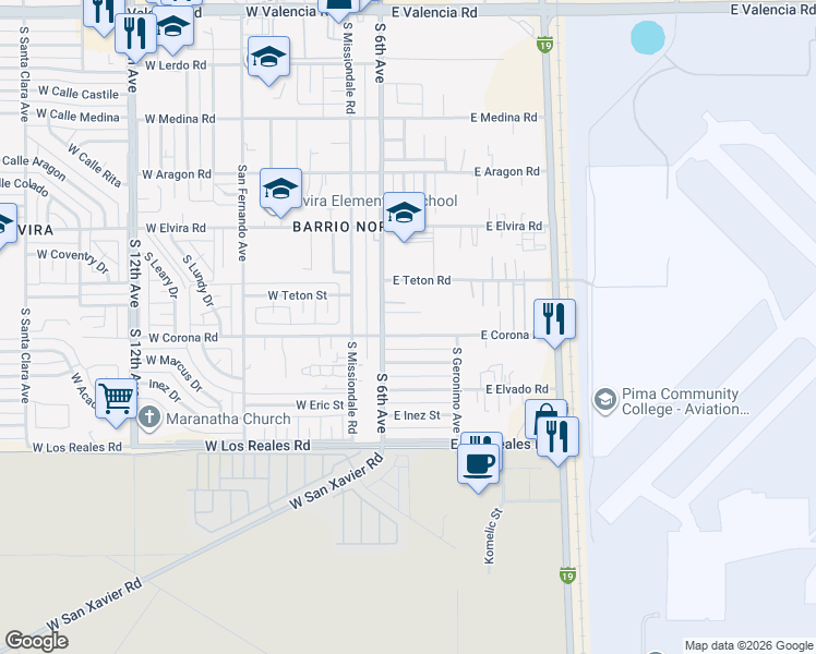 map of restaurants, bars, coffee shops, grocery stores, and more near 7047 South 6th Avenue in Tucson