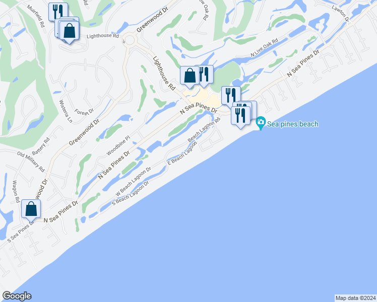 map of restaurants, bars, coffee shops, grocery stores, and more near 2 East Beach Lagoon in Hilton Head Island