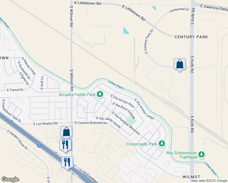map of restaurants, bars, coffee shops, grocery stores, and more near 6607 East Via Arroyo Largo in Tucson