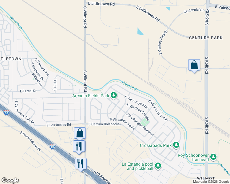 map of restaurants, bars, coffee shops, grocery stores, and more near 6474 East Via Arroyo Azul in Tucson