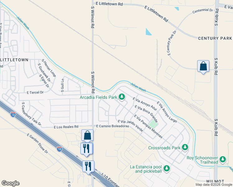 map of restaurants, bars, coffee shops, grocery stores, and more near 6474 East Via Arroyo Azul in Tucson
