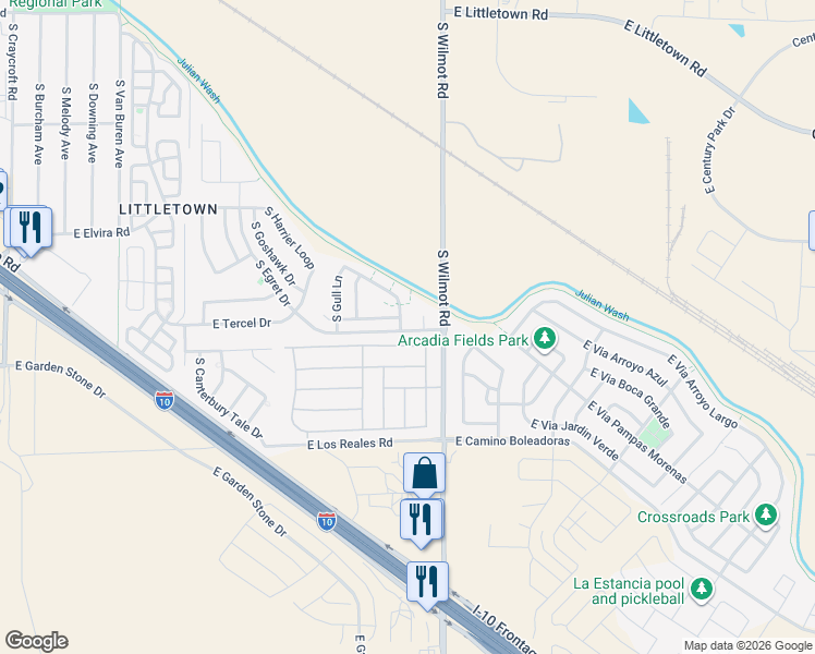 map of restaurants, bars, coffee shops, grocery stores, and more near 7076 South Plover Court in Tucson