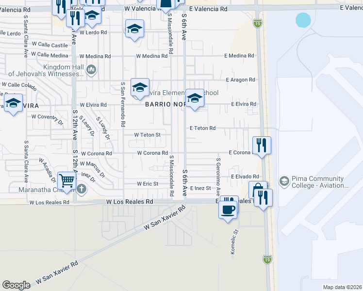 map of restaurants, bars, coffee shops, grocery stores, and more near 7041 South Missiondale Road in Tucson