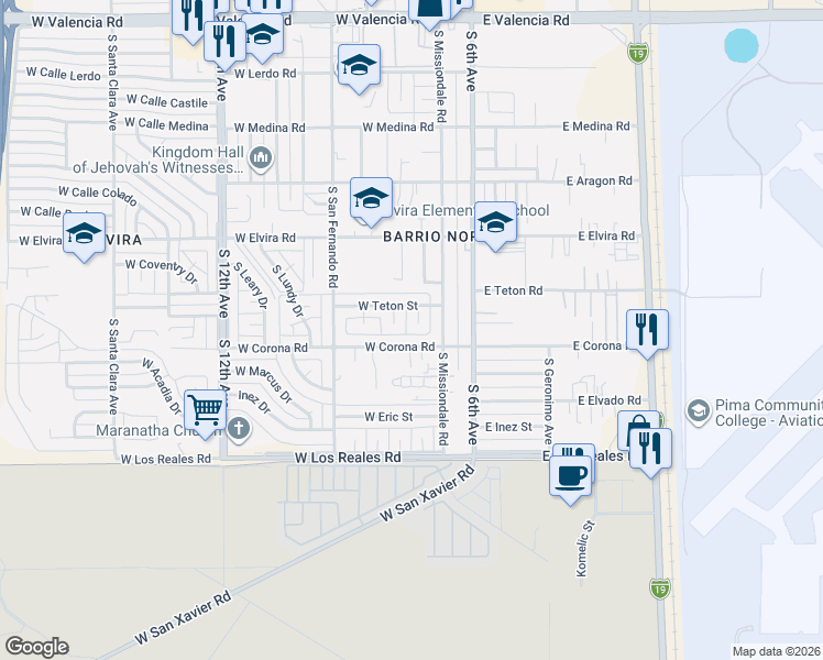 map of restaurants, bars, coffee shops, grocery stores, and more near 7021 South 7th Avenue in Tucson