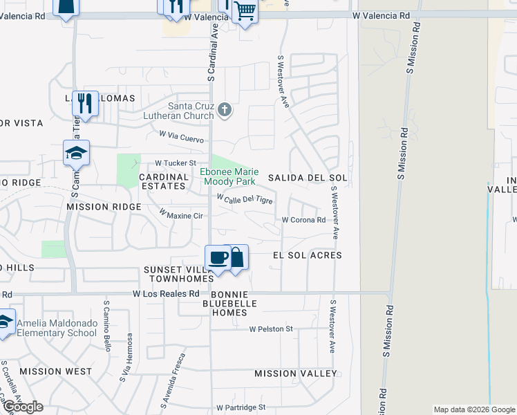 map of restaurants, bars, coffee shops, grocery stores, and more near 2731 West Calle Del Tigre in Tucson