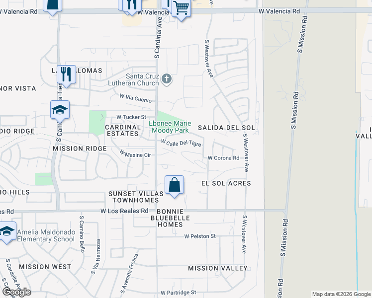 map of restaurants, bars, coffee shops, grocery stores, and more near 2821 West Calle Del Tigre in Tucson