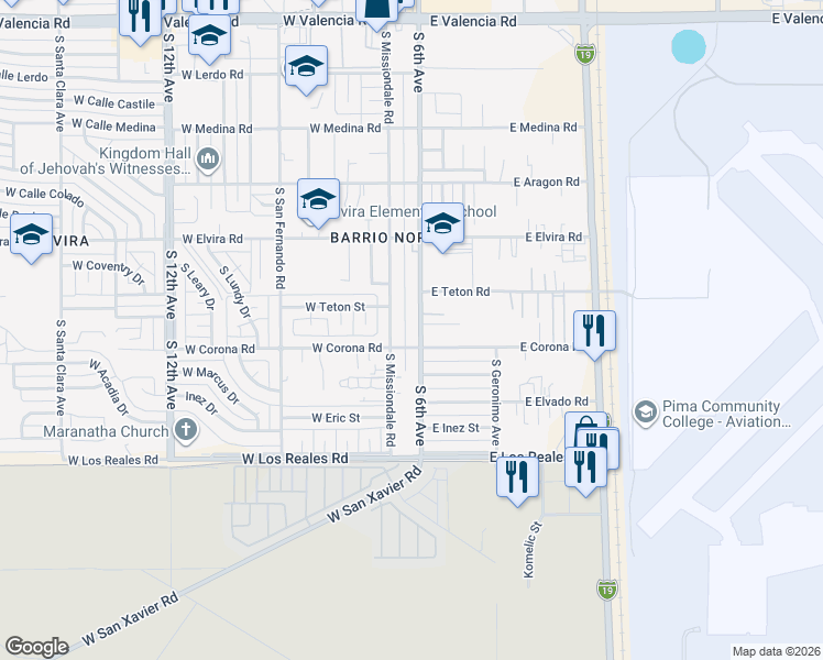 map of restaurants, bars, coffee shops, grocery stores, and more near 7041 South Missiondale Road in Tucson