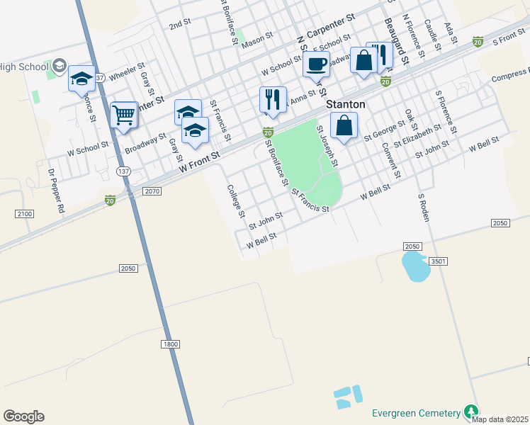 map of restaurants, bars, coffee shops, grocery stores, and more near 400-498 Saint Benedict Street in Stanton
