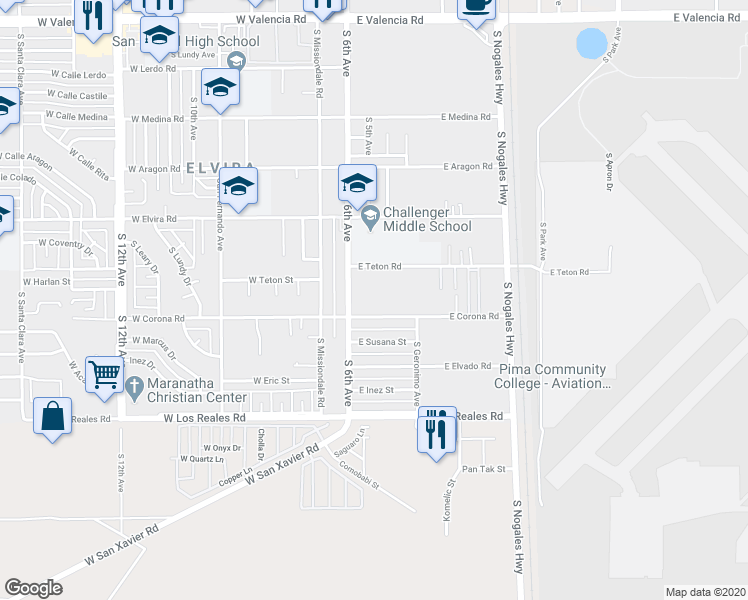 map of restaurants, bars, coffee shops, grocery stores, and more near 7049 South 6th Avenue in Tucson