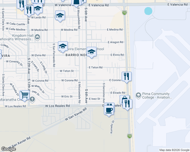 map of restaurants, bars, coffee shops, grocery stores, and more near 7051 South 6th Avenue in Tucson