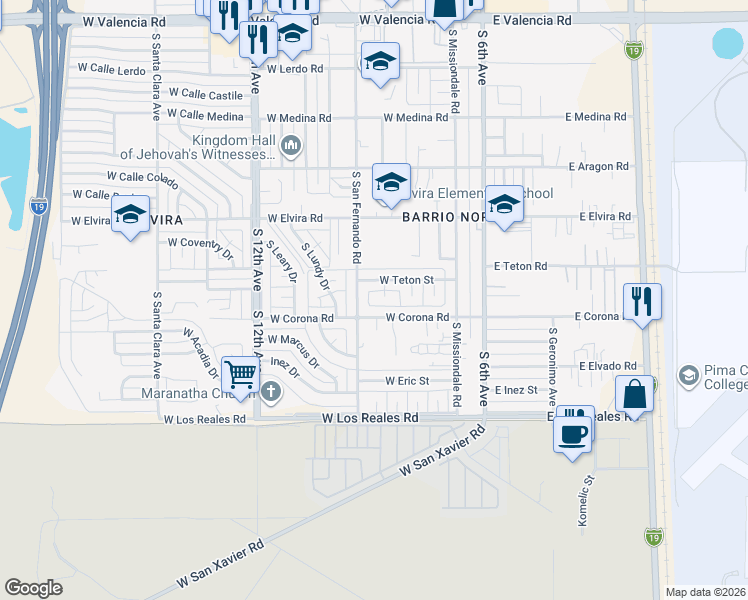 map of restaurants, bars, coffee shops, grocery stores, and more near 7033 South San Fernando Avenue in Tucson
