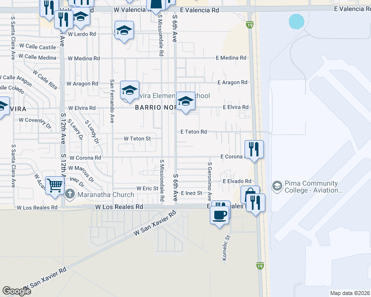 map of restaurants, bars, coffee shops, grocery stores, and more near 7047 South 6th Avenue in Tucson