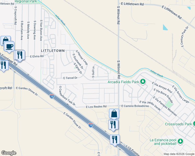 map of restaurants, bars, coffee shops, grocery stores, and more near 7083 South Gull Lane in Tucson