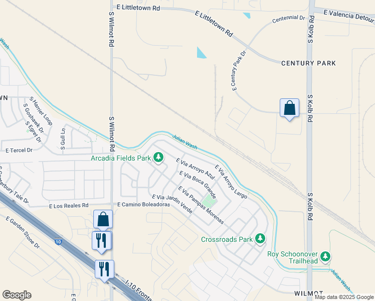 map of restaurants, bars, coffee shops, grocery stores, and more near 6607 East Via Arroyo Largo in Tucson