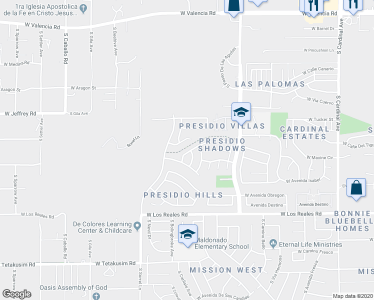 map of restaurants, bars, coffee shops, grocery stores, and more near 3580 West Avenida Sombra in Tucson