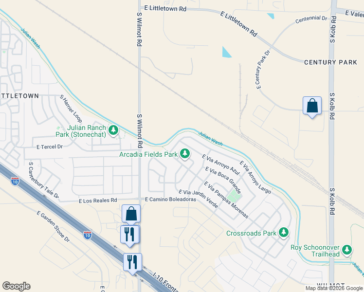 map of restaurants, bars, coffee shops, grocery stores, and more near 6474 East Via Arroyo Azul in Tucson