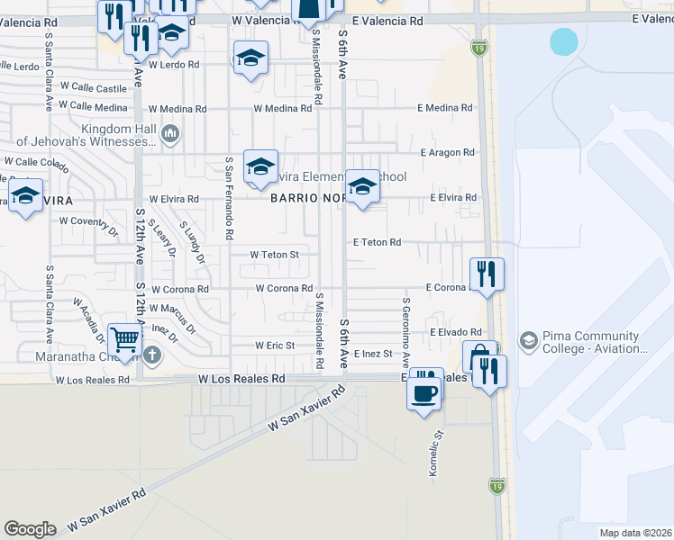 map of restaurants, bars, coffee shops, grocery stores, and more near 7041 South Missiondale Road in Tucson