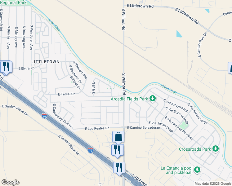 map of restaurants, bars, coffee shops, grocery stores, and more near 7076 South Plover Court in Tucson