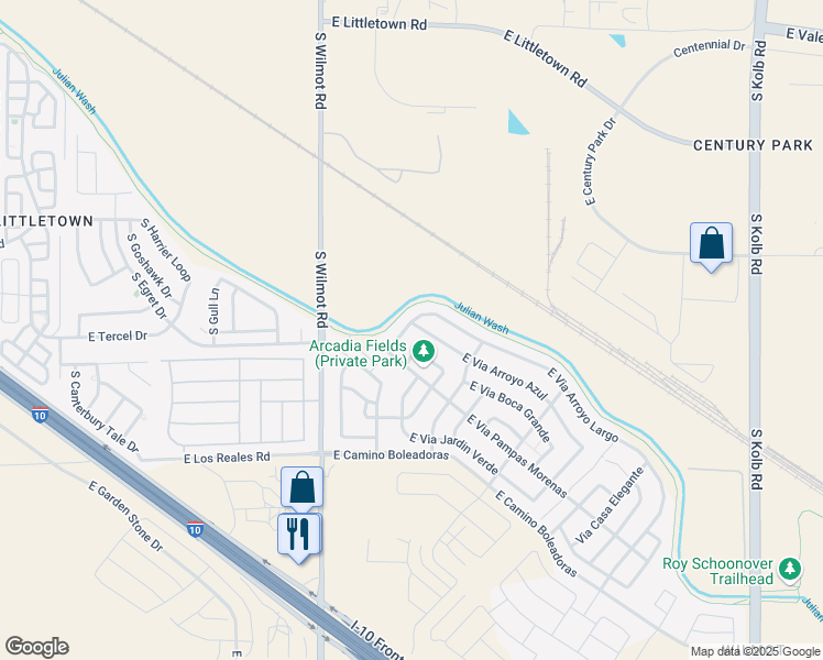 map of restaurants, bars, coffee shops, grocery stores, and more near 6474 East Via Arroyo Azul in Tucson