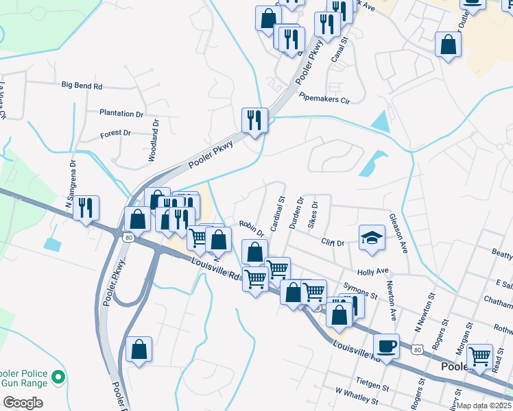 map of restaurants, bars, coffee shops, grocery stores, and more near 407 Purple Finch Drive in Pooler