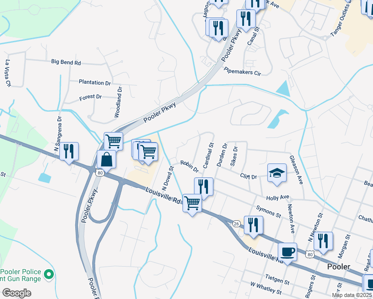 map of restaurants, bars, coffee shops, grocery stores, and more near 407 Purple Finch Drive in Pooler