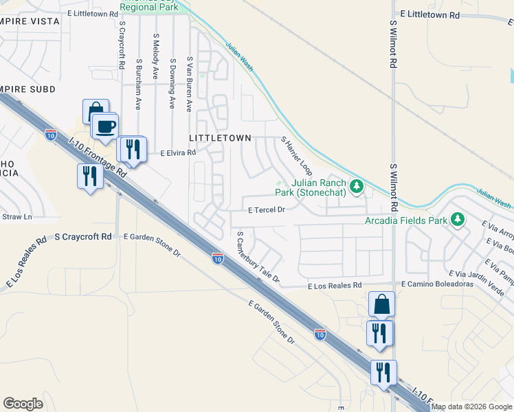 map of restaurants, bars, coffee shops, grocery stores, and more near 5895 East Tercel Drive in Tucson